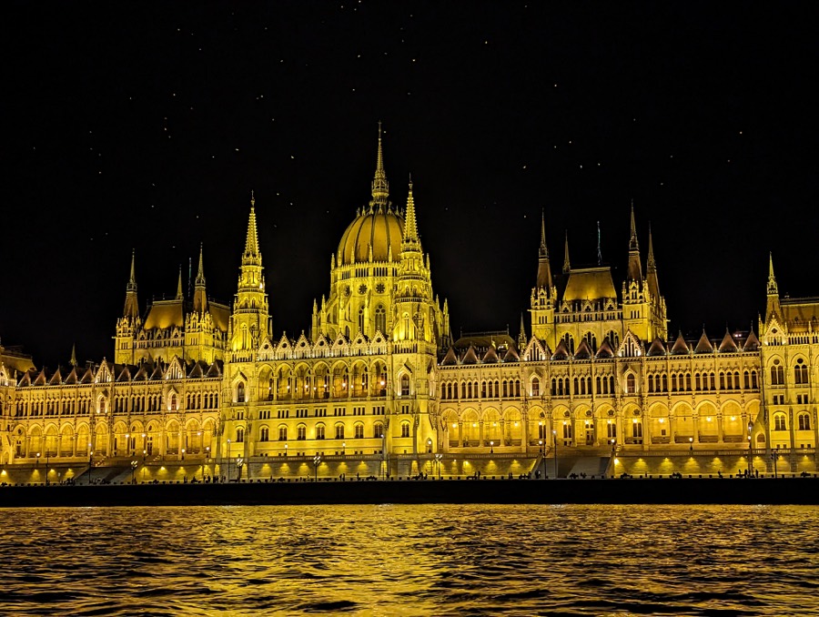The Hungarian Parliament from the Danube at night