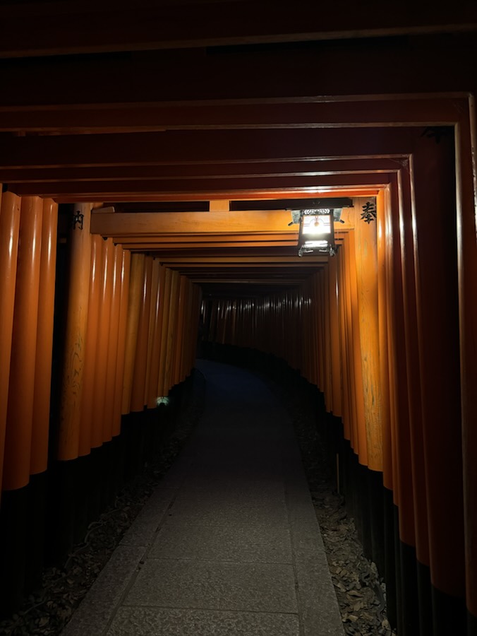 Inside the torii tunnels of Fushimi Inari at dusk